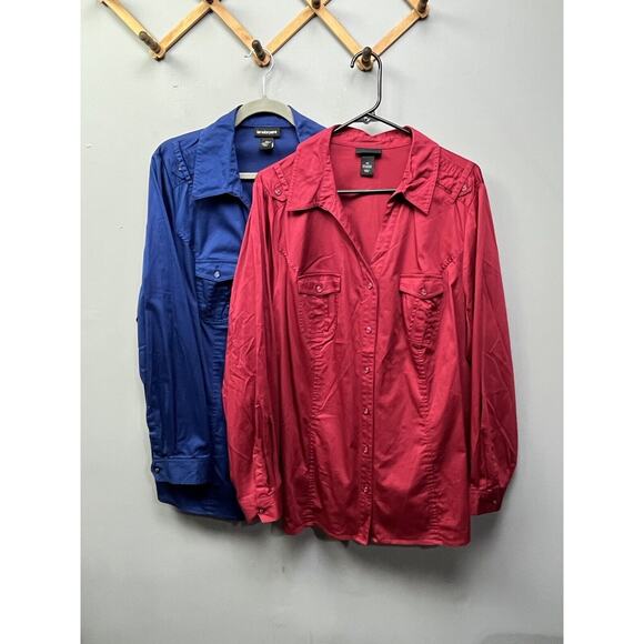 Set of TWO Lane Bryant Blouse Shirt Button Front Womens Size 24 Blue and Red - Picture 1 of 10